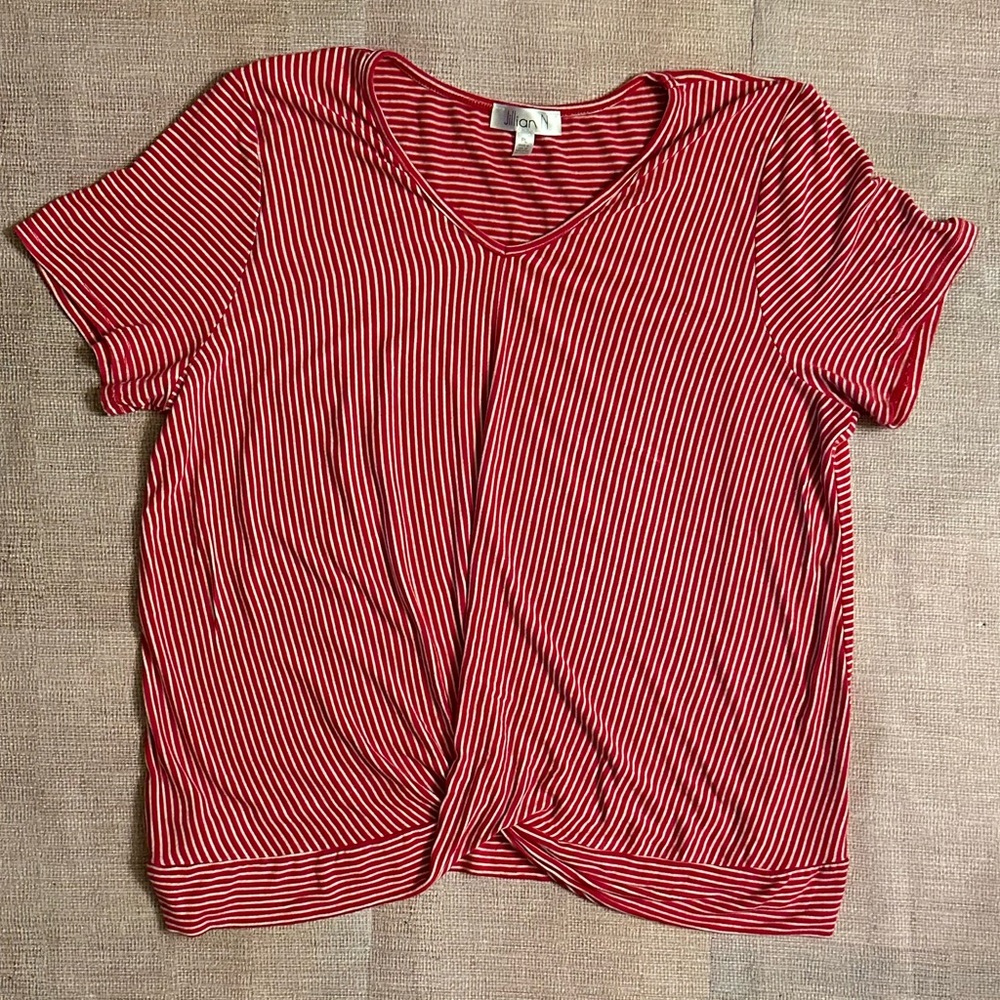 Jillian N Red/White Striped Short-Sleeved V-Neck Top, Size PL